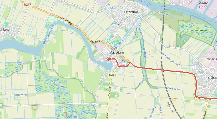 Kaart van de omgeving van de melding, met de kazerne die is gealarmeerd