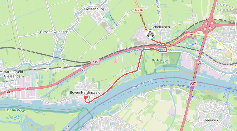 Kaart van de omgeving van de melding, met de kazerne die is gealarmeerd