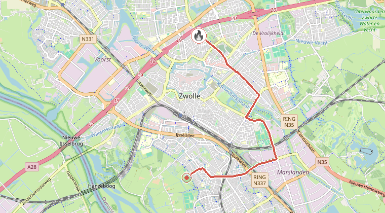 Kaart van de omgeving van de melding, met de kazerne die is gealarmeerd
