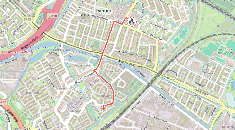 Kaart van de omgeving van de melding, met de kazerne die is gealarmeerd