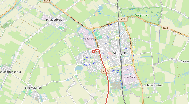 Kaart van de omgeving van de melding, met de kazerne die is gealarmeerd