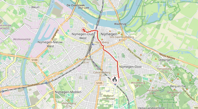 Kaart van de omgeving van de melding, met de kazerne die is gealarmeerd