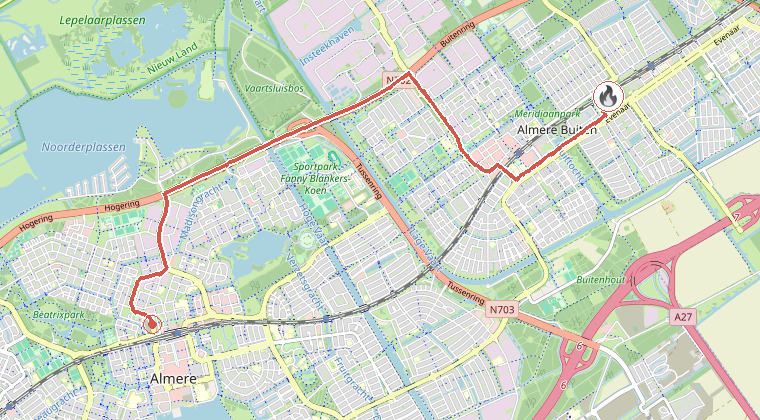 Kaart van de omgeving van de melding, met de kazerne die is gealarmeerd