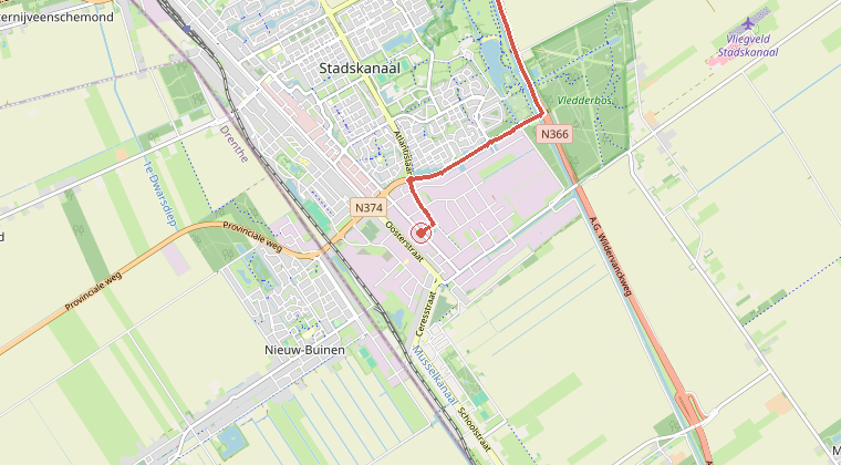Kaart van de omgeving van de melding, met de kazerne die is gealarmeerd