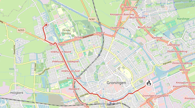 Kaart van de omgeving van de melding, met de kazerne die is gealarmeerd