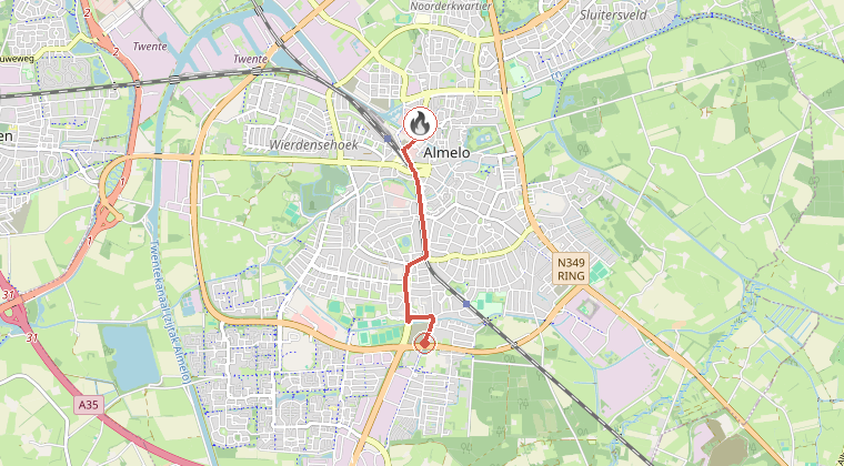 Kaart van de omgeving van de melding, met de kazerne die is gealarmeerd