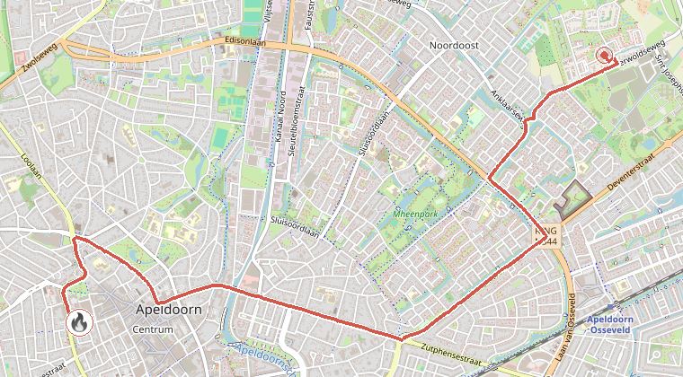 Kaart van de omgeving van de melding, met de kazerne die is gealarmeerd