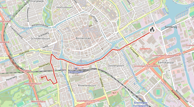 Kaart van de omgeving van de melding, met de kazerne die is gealarmeerd