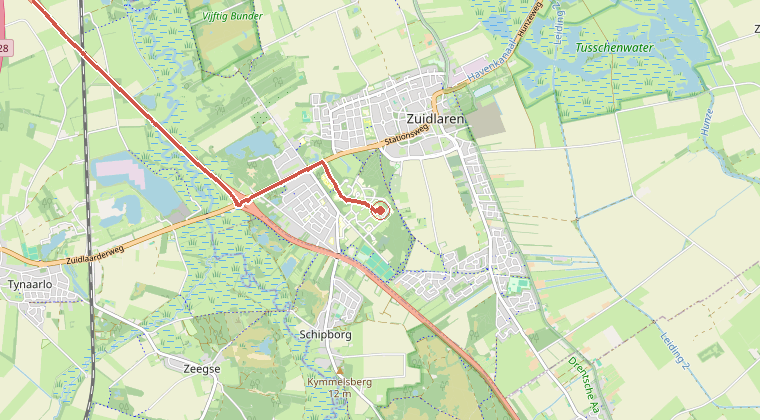 Kaart van de omgeving van de melding, met de kazerne die is gealarmeerd