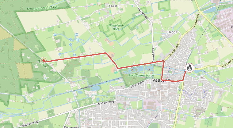 Kaart van de omgeving van de melding, met de kazerne die is gealarmeerd