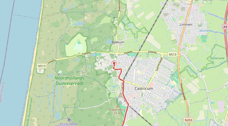 Kaart van de omgeving van de melding, met de kazerne die is gealarmeerd