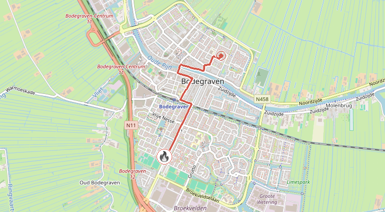 Kaart van de omgeving van de melding, met de kazerne die is gealarmeerd