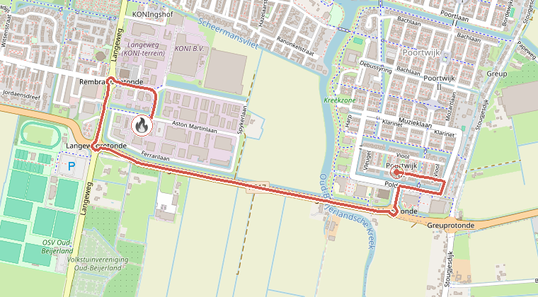 Kaart van de omgeving van de melding, met de kazerne die is gealarmeerd