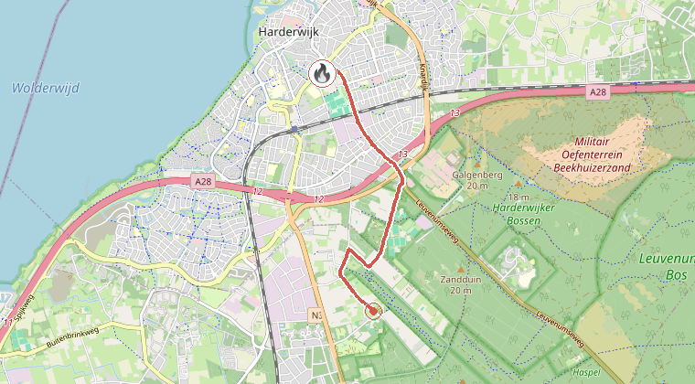 Kaart van de omgeving van de melding, met de kazerne die is gealarmeerd