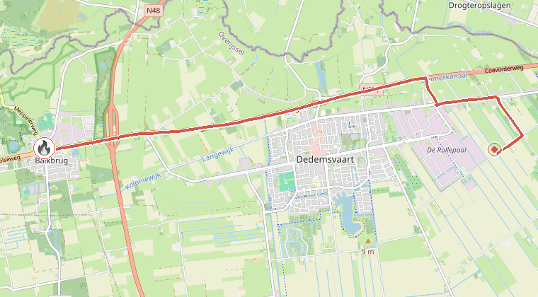 Kaart van de omgeving van de melding, met de kazerne die is gealarmeerd