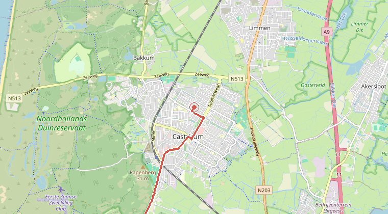Kaart van de omgeving van de melding, met de kazerne die is gealarmeerd