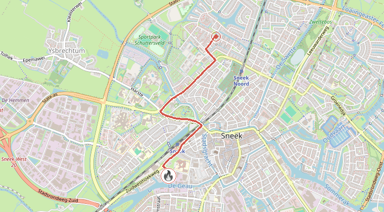 Kaart van de omgeving van de melding, met de kazerne die is gealarmeerd
