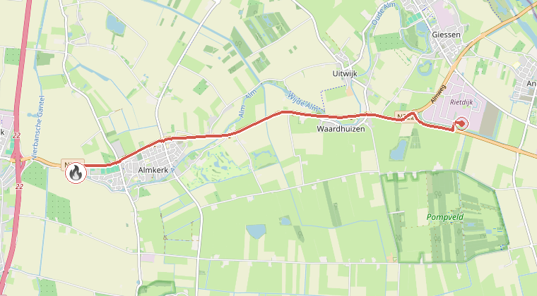 Kaart van de omgeving van de melding, met de kazerne die is gealarmeerd
