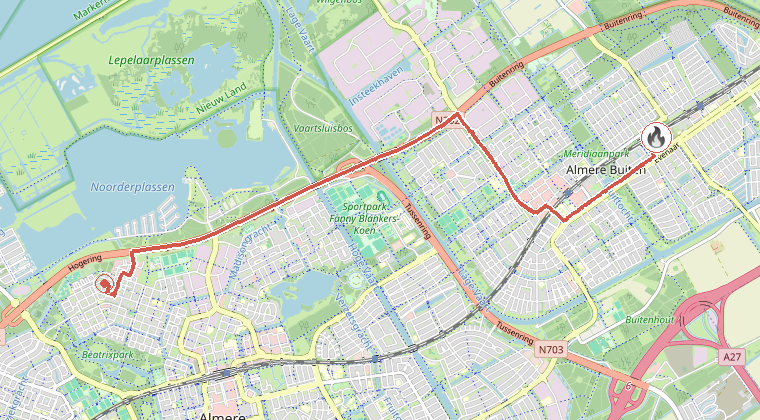 Kaart van de omgeving van de melding, met de kazerne die is gealarmeerd