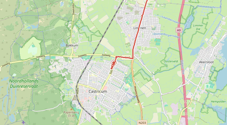 Kaart van de omgeving van de melding, met de kazerne die is gealarmeerd