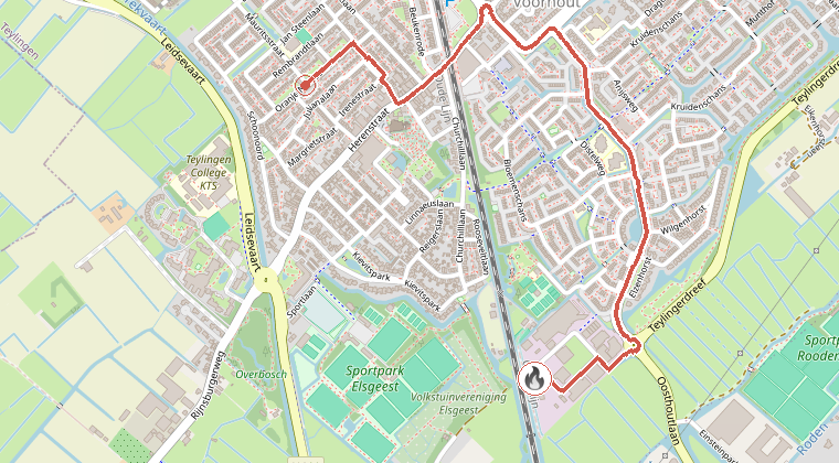 Kaart van de omgeving van de melding, met de kazerne die is gealarmeerd