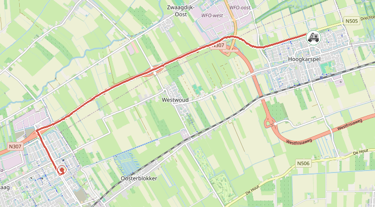 Kaart van de omgeving van de melding, met de kazerne die is gealarmeerd
