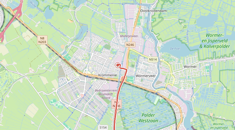 Kaart van de omgeving van de melding, met de kazerne die is gealarmeerd