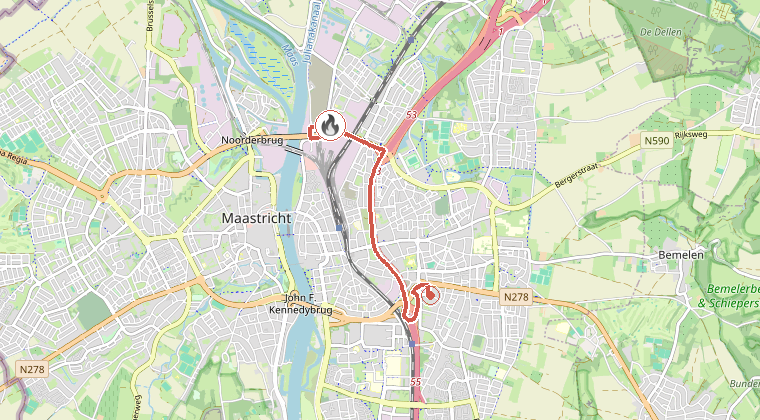 Kaart van de omgeving van de melding, met de kazerne die is gealarmeerd