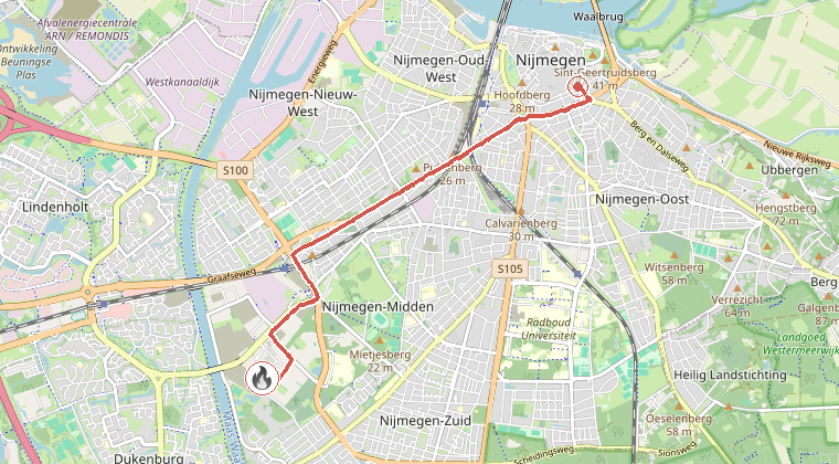 Kaart van de omgeving van de melding, met de kazerne die is gealarmeerd