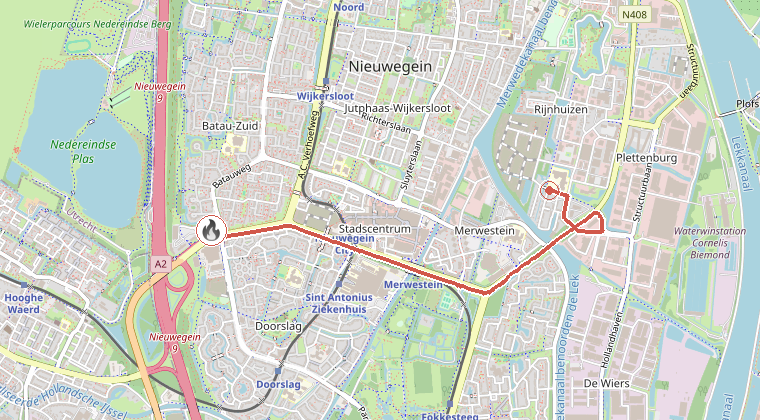 Kaart van de omgeving van de melding, met de kazerne die is gealarmeerd