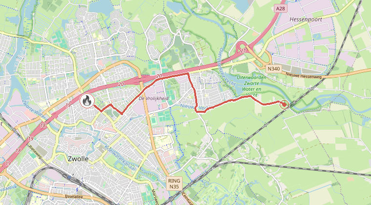 Kaart van de omgeving van de melding, met de kazerne die is gealarmeerd
