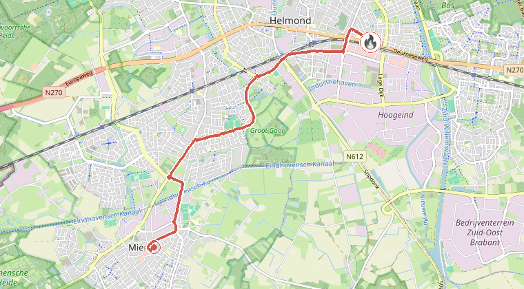 Kaart van de omgeving van de melding, met de kazerne die is gealarmeerd
