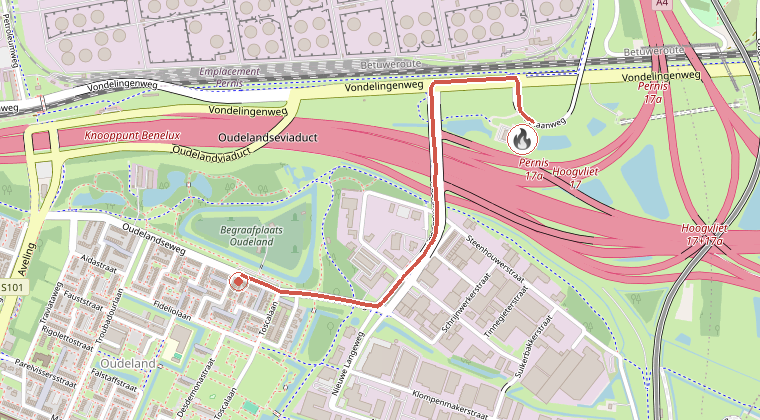 Kaart van de omgeving van de melding, met de kazerne die is gealarmeerd