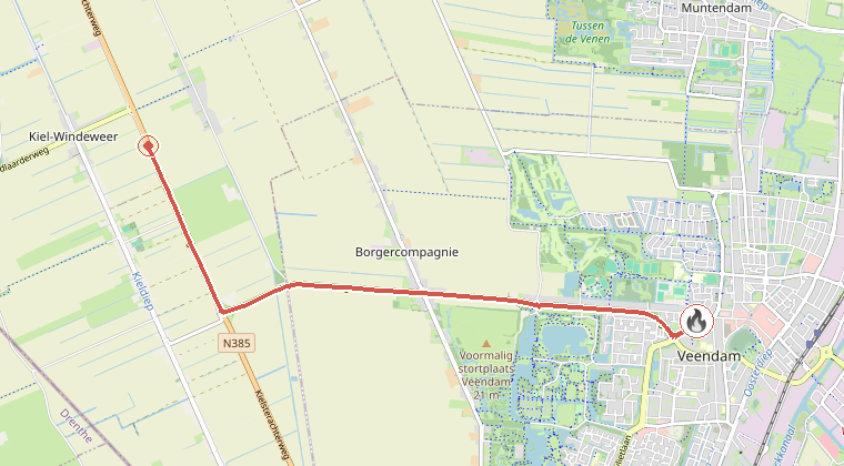 Kaart van de omgeving van de melding, met de kazerne die is gealarmeerd