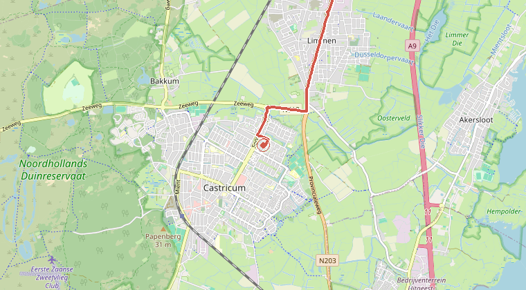 Kaart van de omgeving van de melding, met de kazerne die is gealarmeerd