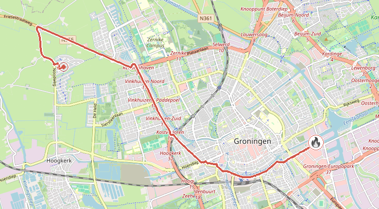 Kaart van de omgeving van de melding, met de kazerne die is gealarmeerd
