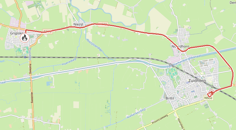 Kaart van de omgeving van de melding, met de kazerne die is gealarmeerd