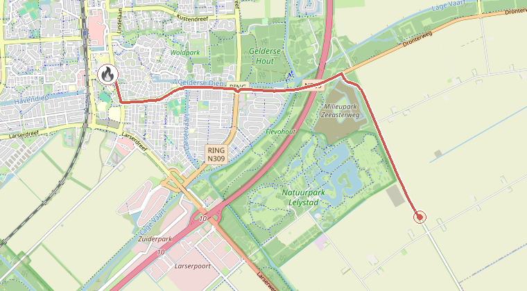 Kaart van de omgeving van de melding, met de kazerne die is gealarmeerd