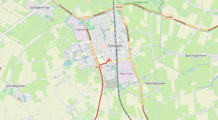 Kaart van de omgeving van de melding, met de kazerne die is gealarmeerd