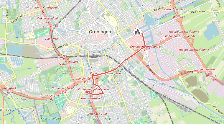 Kaart van de omgeving van de melding, met de kazerne die is gealarmeerd