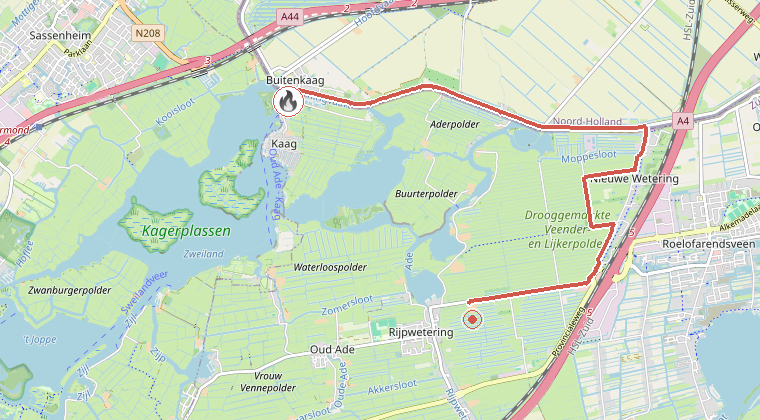 Kaart van de omgeving van de melding, met de kazerne die is gealarmeerd