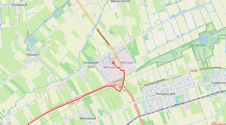 Kaart van de omgeving van de melding, met de kazerne die is gealarmeerd