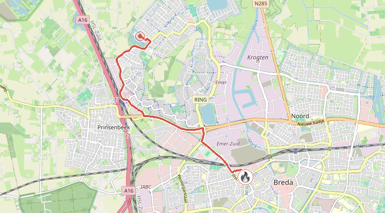 Kaart van de omgeving van de melding, met de kazerne die is gealarmeerd