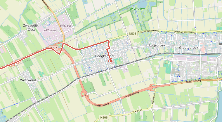 Kaart van de omgeving van de melding, met de kazerne die is gealarmeerd