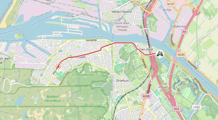 Kaart van de omgeving van de melding, met de kazerne die is gealarmeerd