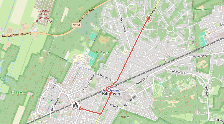 Kaart van de omgeving van de melding, met de kazerne die is gealarmeerd