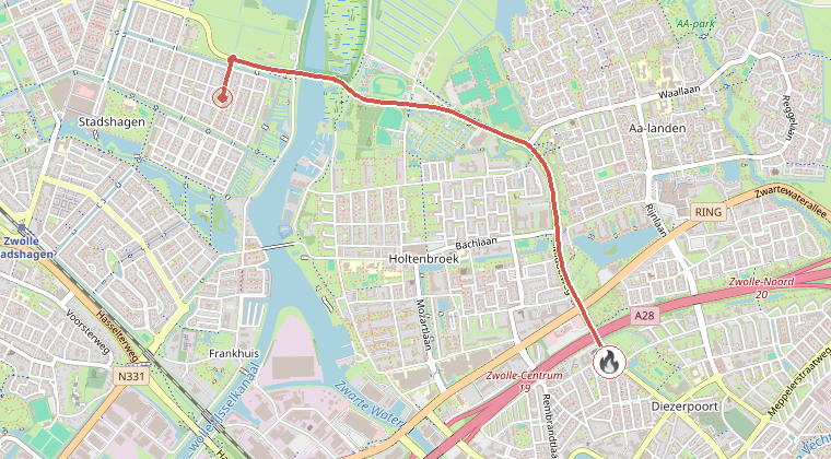 Kaart van de omgeving van de melding, met de kazerne die is gealarmeerd