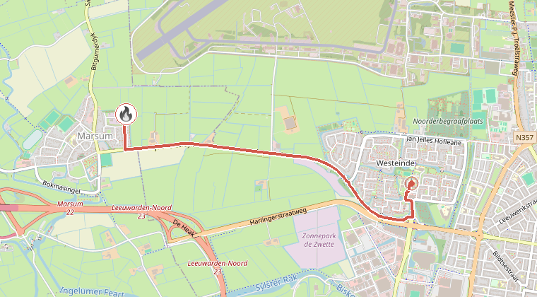 Kaart van de omgeving van de melding, met de kazerne die is gealarmeerd
