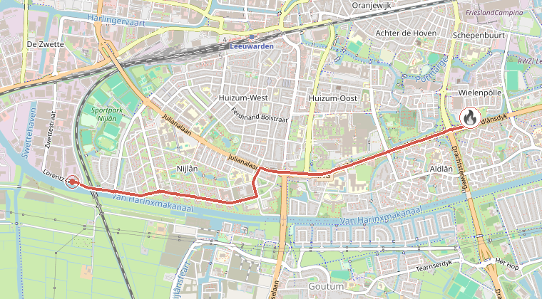 Kaart van de omgeving van de melding, met de kazerne die is gealarmeerd
