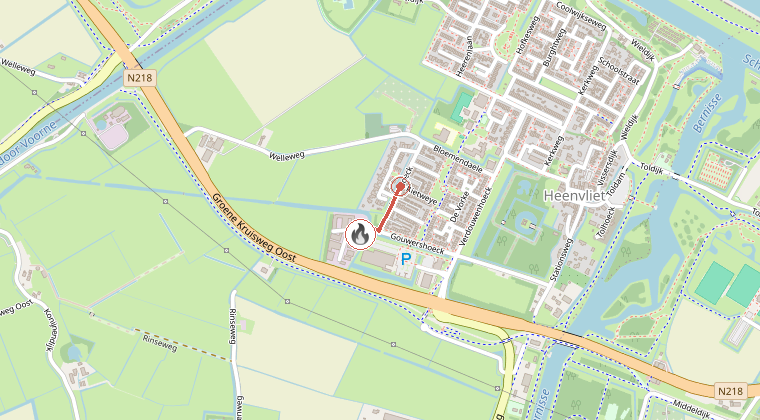 Kaart van de omgeving van de melding, met de kazerne die is gealarmeerd
